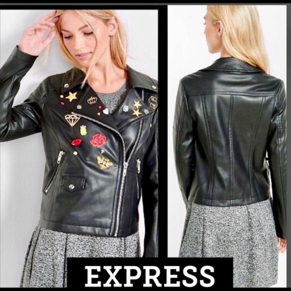 nwt express punk patch pin vegan leather jacket m
